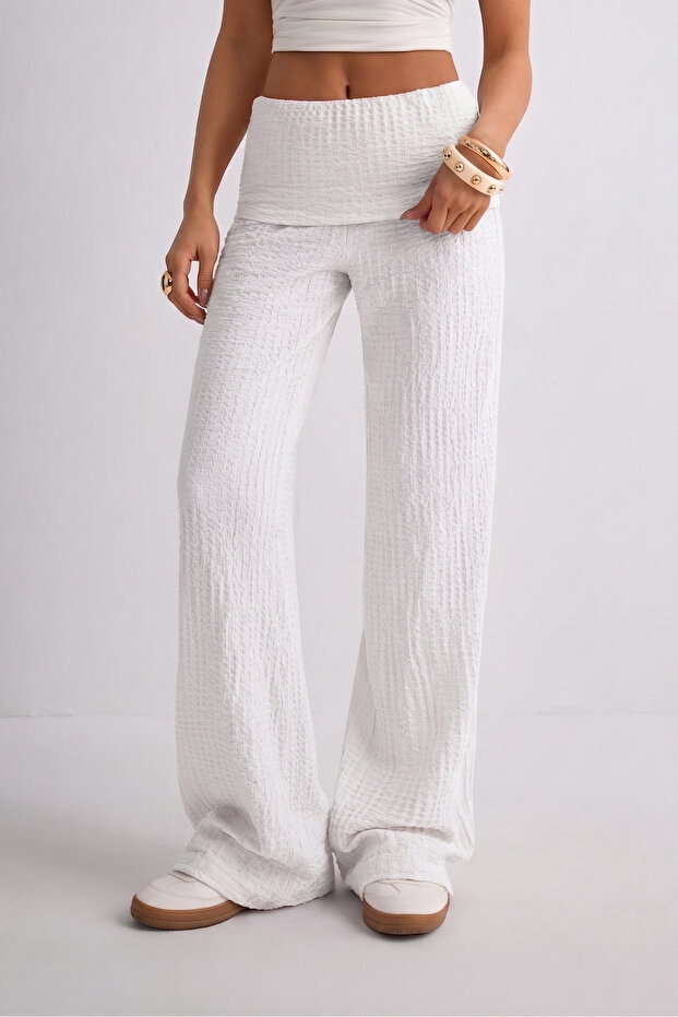 Bubble Fabric High Waist Folded Belted Comfortable Women's Wide Leg Sweatpants