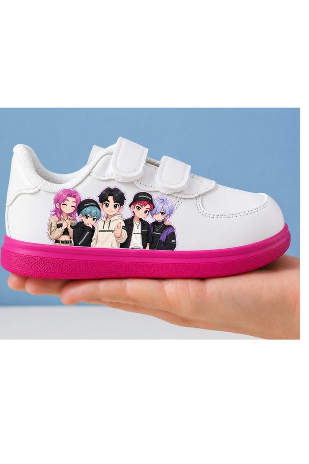 Animated Character Printed Girls' and Boys' Sports Shoes with Velcro Fasteners and White Sneaker Bands