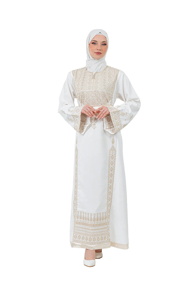 Hijab Dress Palestine Embroidered Modern White Kaftan Traditional Elegance