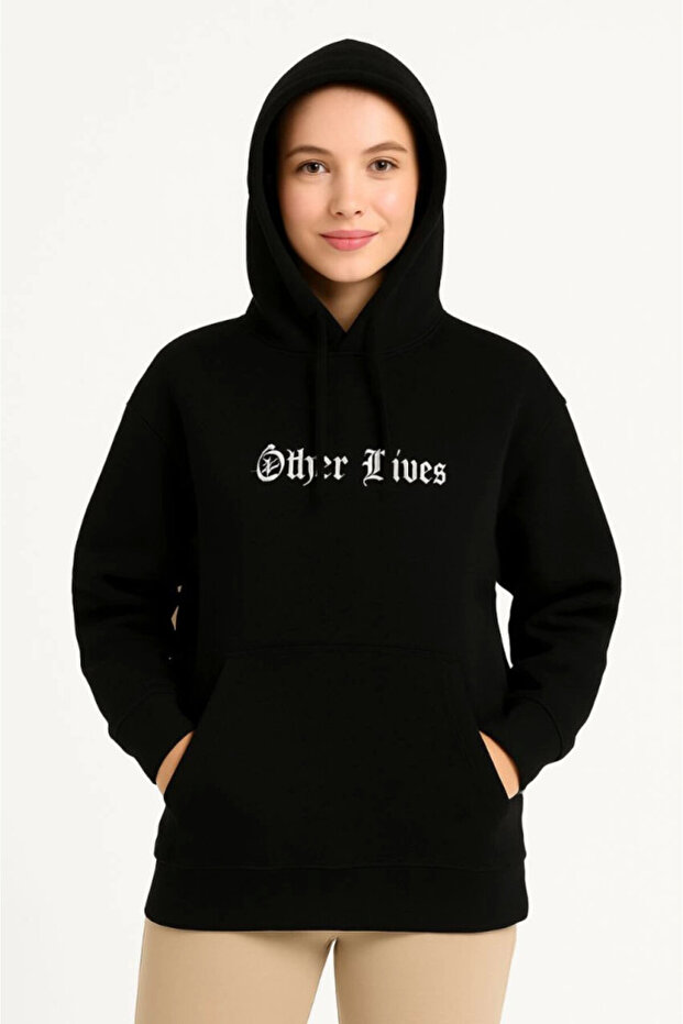 Three Thread Hooded Front and Back Printed Sweatshirt Hoodie - Black
