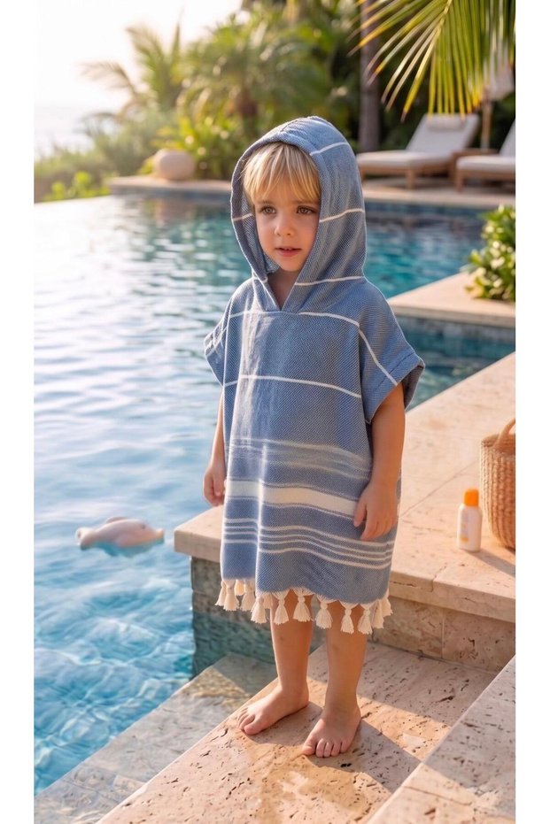 100% Cotton Children's Bathrobe Poncho - Hooded Baby Beach Towel, Peshtemal Drying Towel