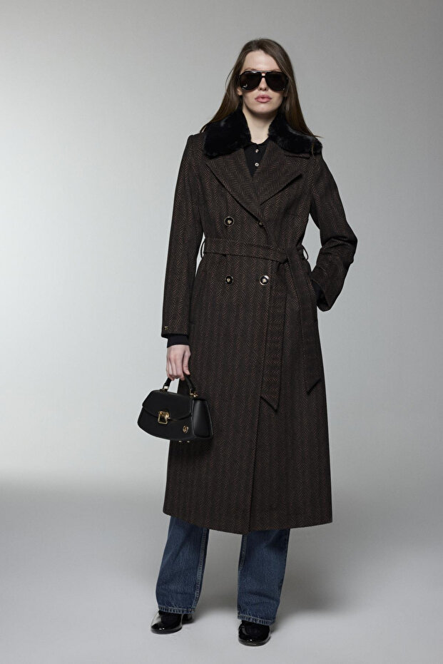 Fur Collar Belted Coat Brown 13851