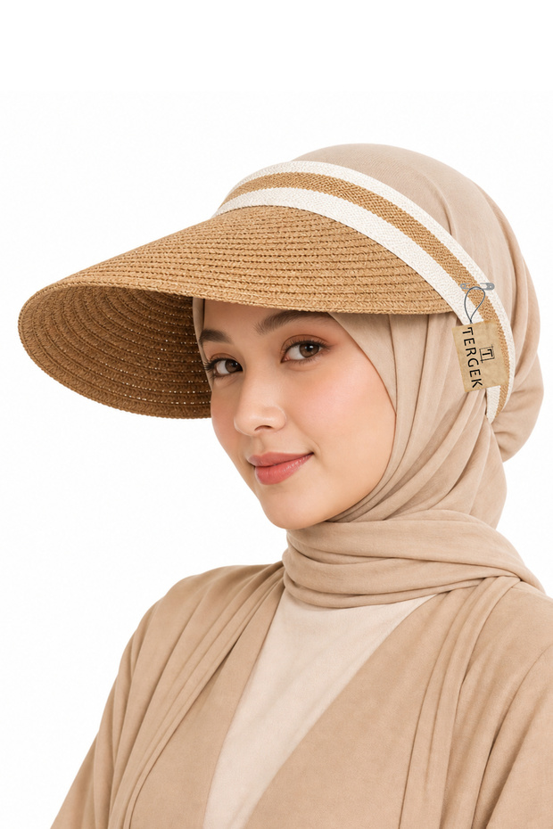 Straw Visor Hat Light Beige Wide Brim Open Top Sunshade Women's Athlete Tennis Player Hijab Compatible Summer Beach Visor