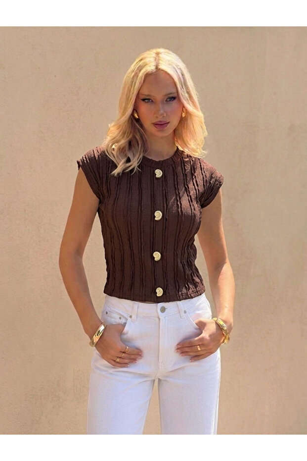 New Product Sleeveless Accessory Detailed Ruffle Fabric Women's Blouse