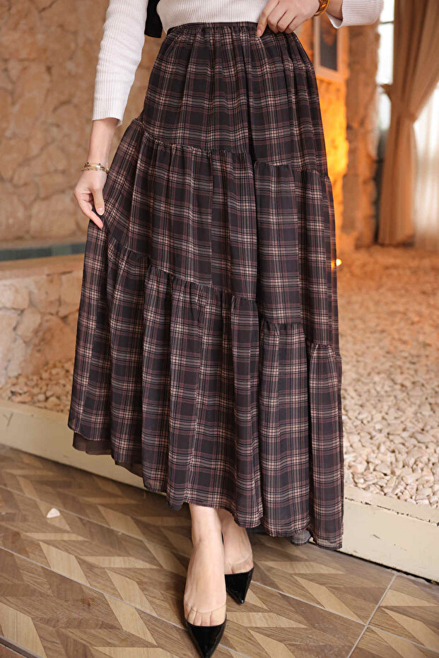 Brown Layered Patterned Chiffon Skirt