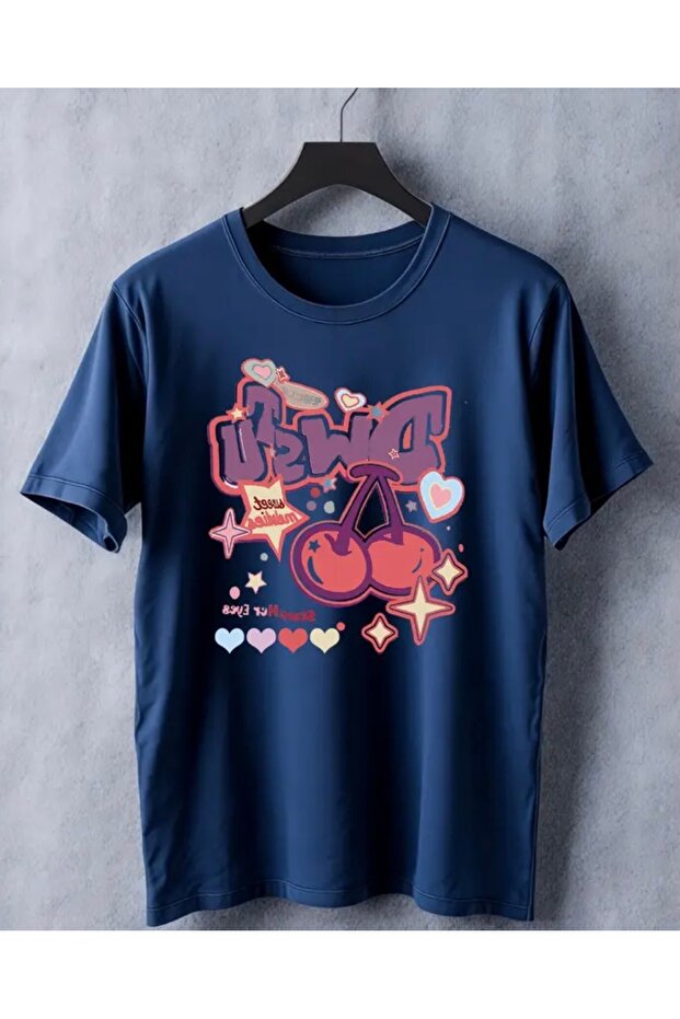 Round Neck Double Cherry Printed 100% Cotton Oversize Girls' T-Shirt
