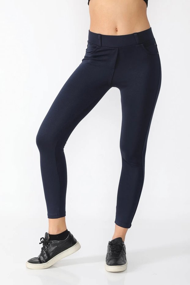 Women's Navy Blue Color Pants-Looking Stretchy Tights with Back Pockets