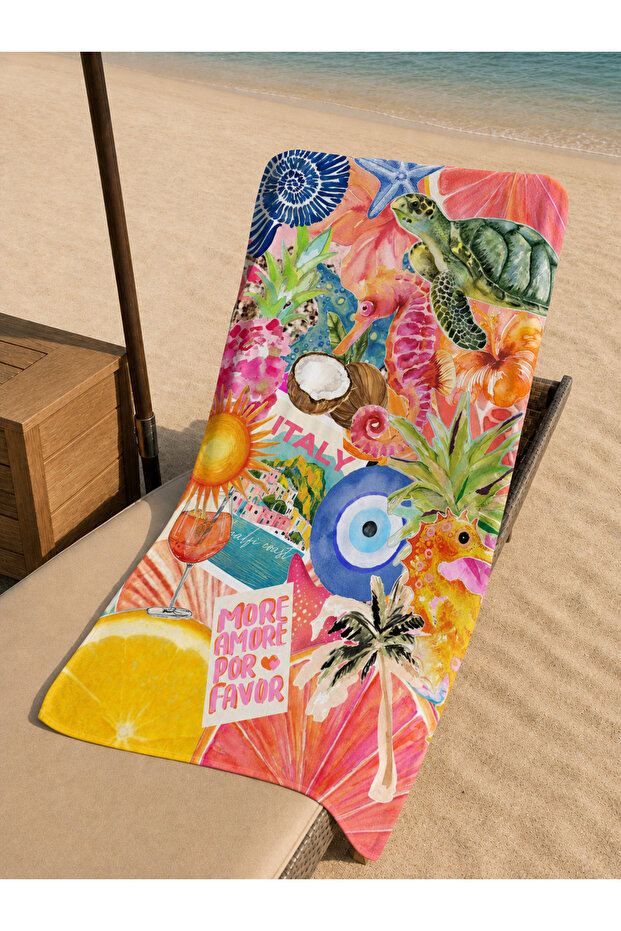 Mediterranean Themed Fruit and Flower Patterned Beach Towel