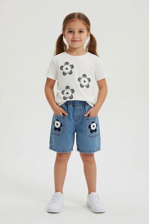 Ecru Floral Embroidered T-Shirt and Jean Shorts Girls' 2-Piece Set 24058