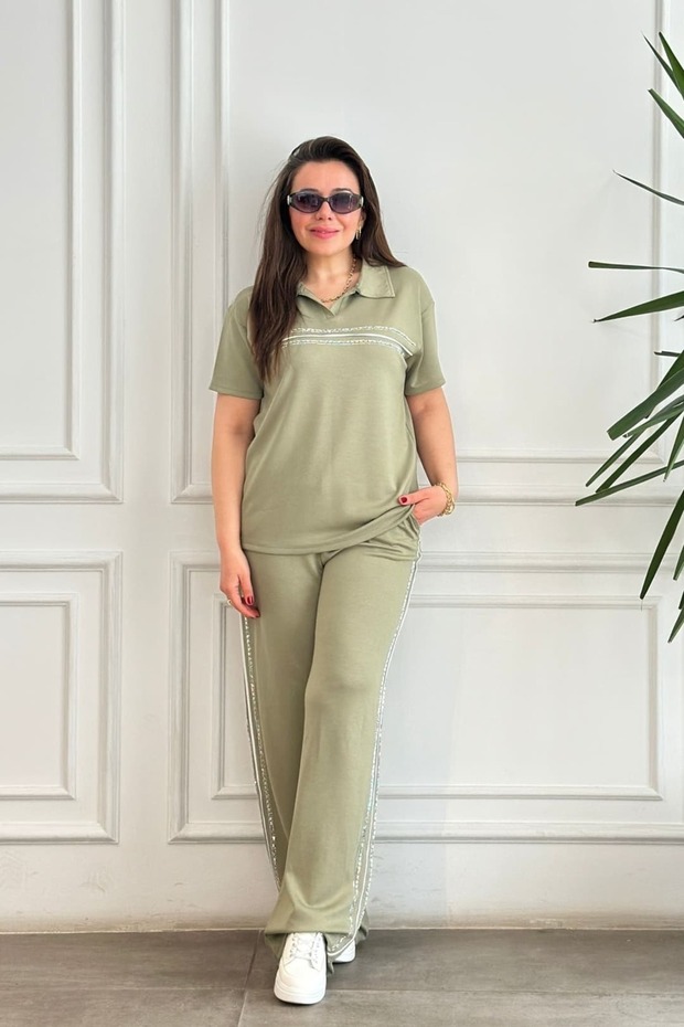 Polo Collar Ribbed Stone Embroidered Short Sleeve Set