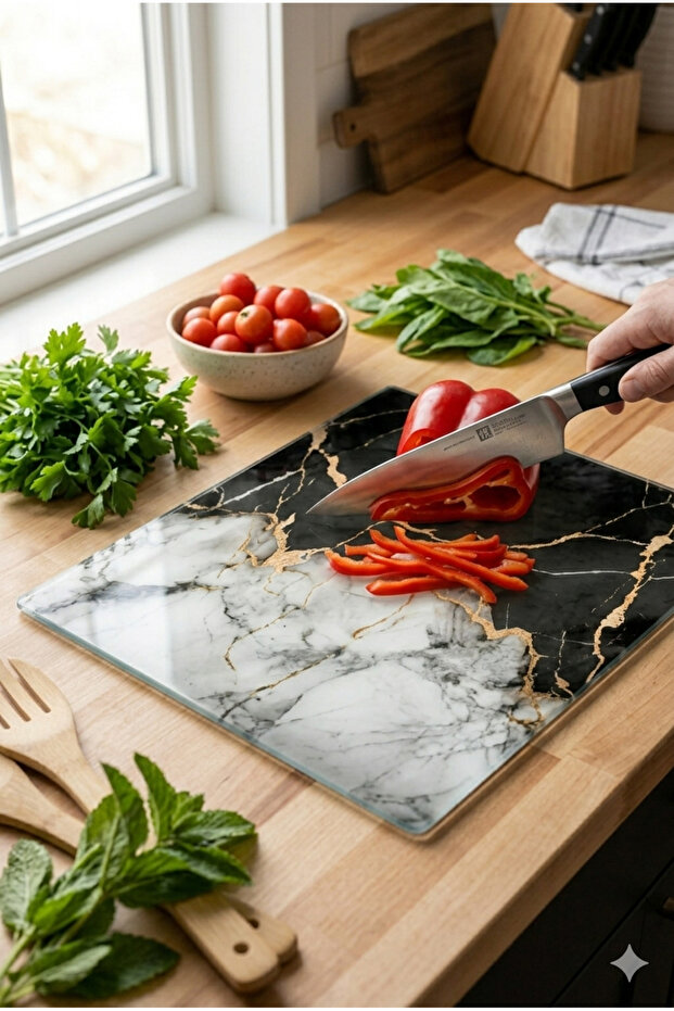 Glass Cutting Board and Presentation Table 4mm Tempered Black White Gold Marble Look 2030
