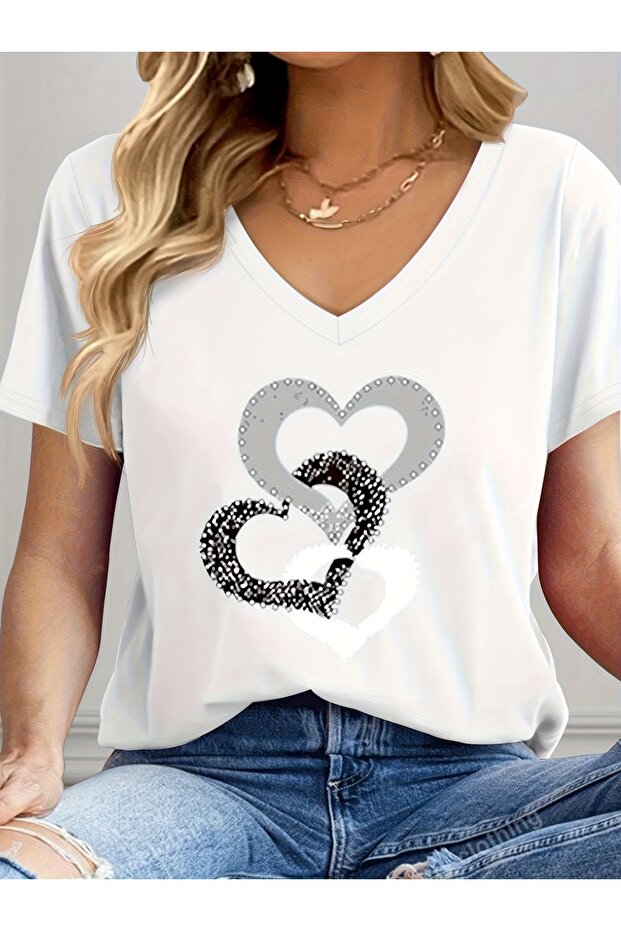 Women's Comfortable Fit V-Neck Tshirt Mixed Printed Tshirt