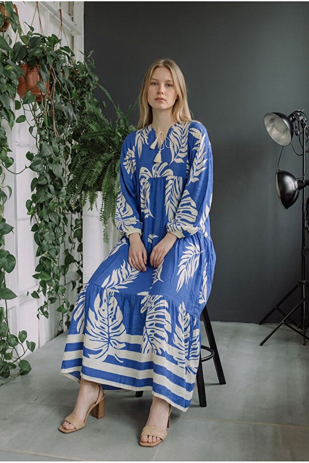 Women's Long Sleeve Long Length Summer Tie-Dye Patterned Dress
