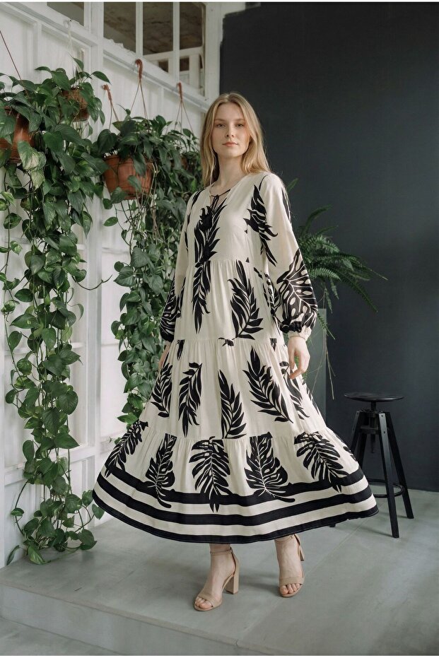 Women's Long Sleeve Long Length Summer Tie-Dye Patterned Dress