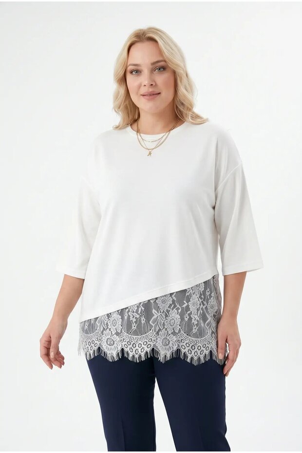 Women's White Large Size Crew Neck Tulle Detailed Half Sleeve T-Shirt Hzl26S-Zss19521