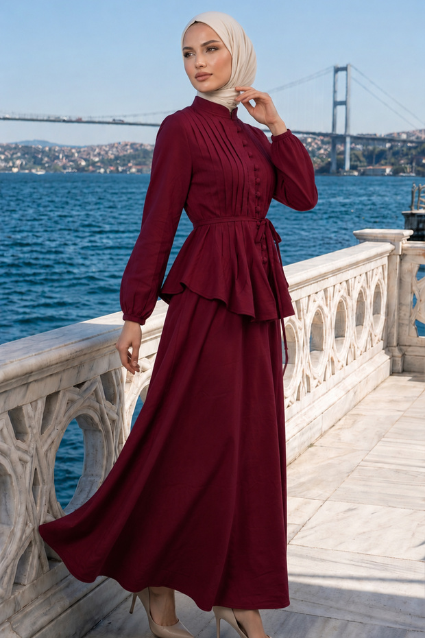 Belted Skirt Set A940 Claret Red