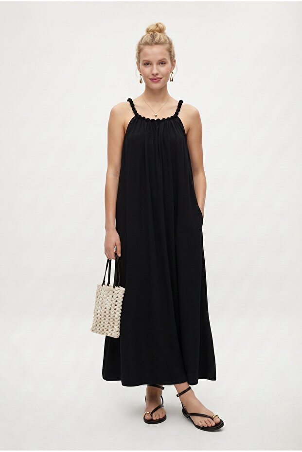 Women's Deep Lined Beaded Halter Neck Pocketed Long Woven Black Dress