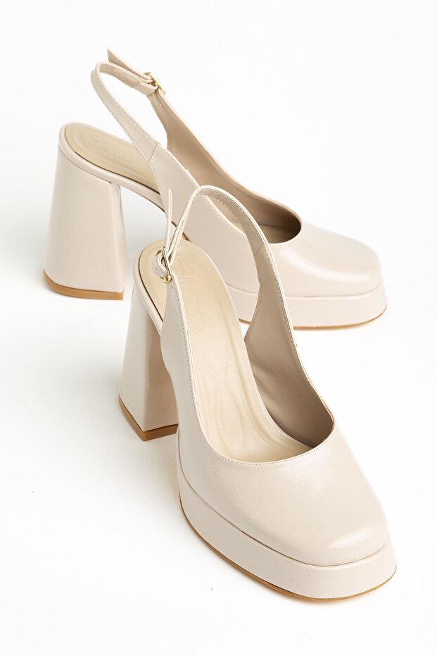 Berry Women's Beige Patent Leather Platform Closed Toe Thick Heeled Shoes