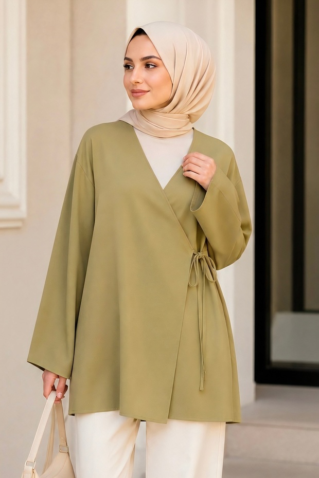 Oil Green Double-Breasted Collar Side Tie Summer Kimono Tunic
