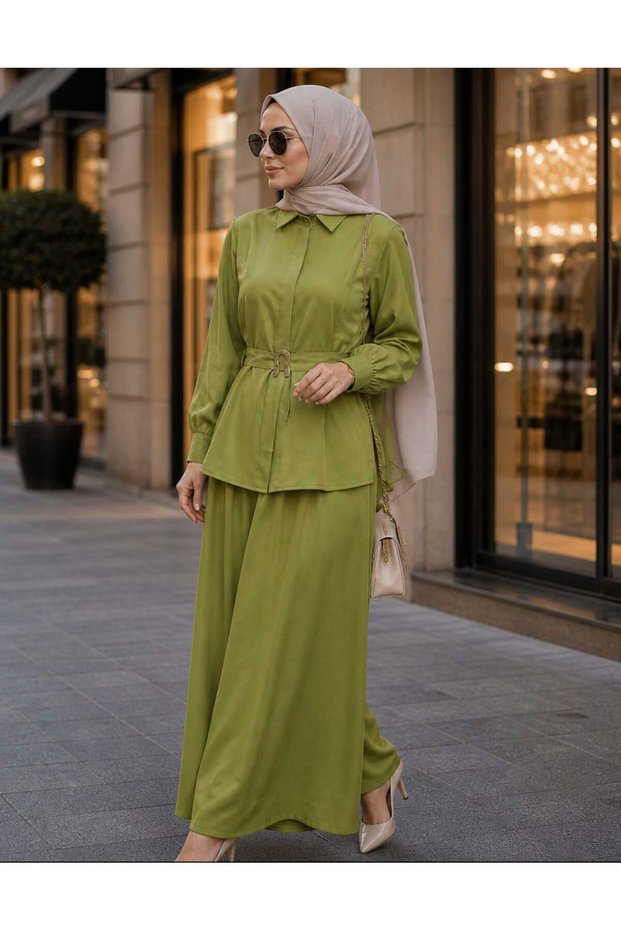 Women's Gold Buckle Belt Detailed Peplum Blouse Flared Skirt Shirt Collar Long Sleeve Hijab Two-Piece Set