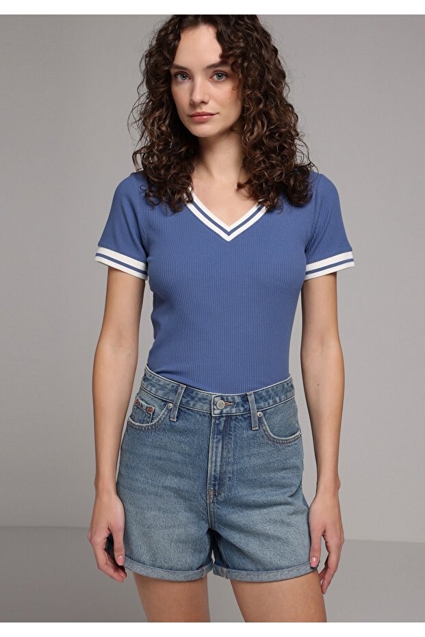 Slim Fit V-Neck Plain Women's Blue Short Sleeve T-Shirt