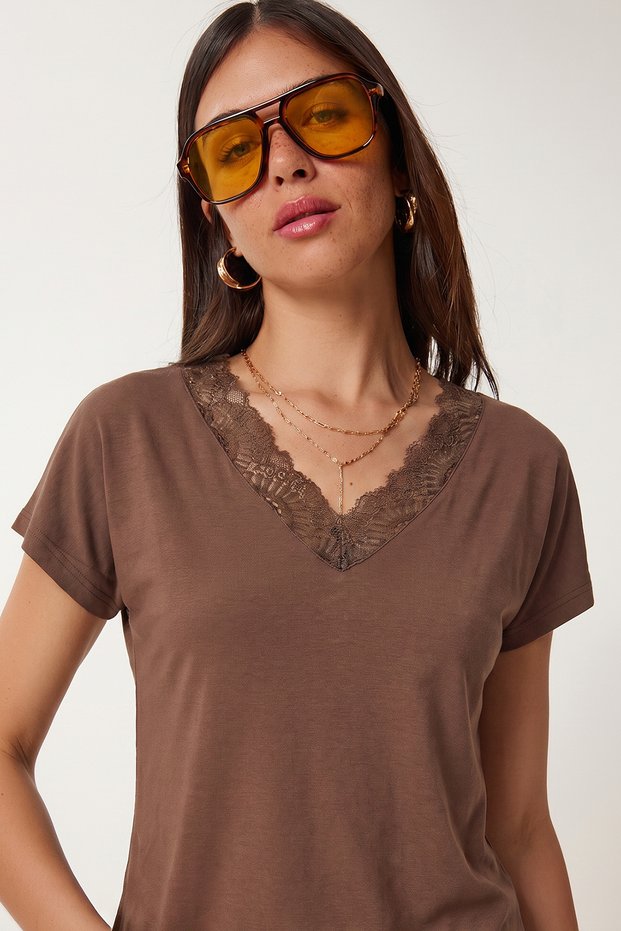 Lace Detailed Viscose Blouse Lrn0049 Brown