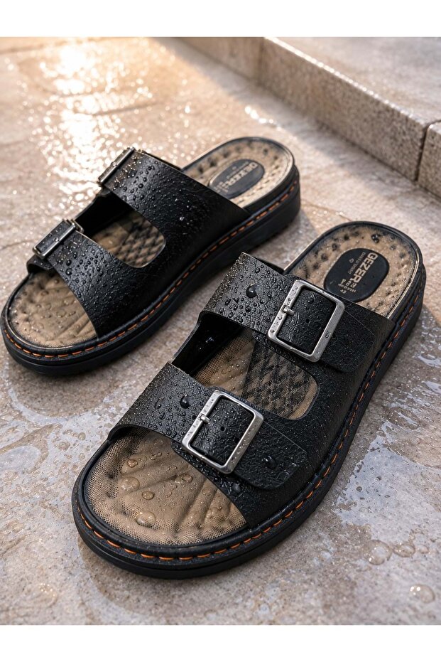 Double Buckle Men's Black Massage Sole Anatomical Slippers