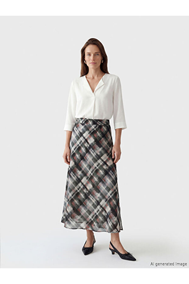 Elastic Waist Plaid Slit Skirt