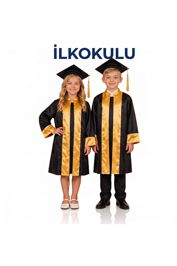 İlkokul Unisex Black Graduation Gown and Cap Set with Colorful Stripes