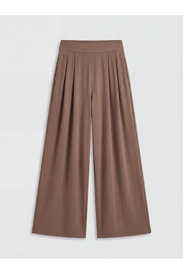 Brown Wide Leg Women's Trousers with Elastic Waist