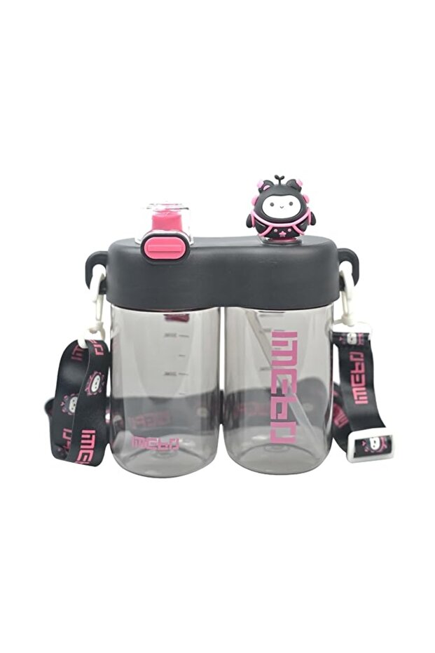 Twin Compartment Water Bottle| Carry Two Beverages| Ideal for Twins| Sip or Straw| Kids Choice - 900 ML, Black and Green