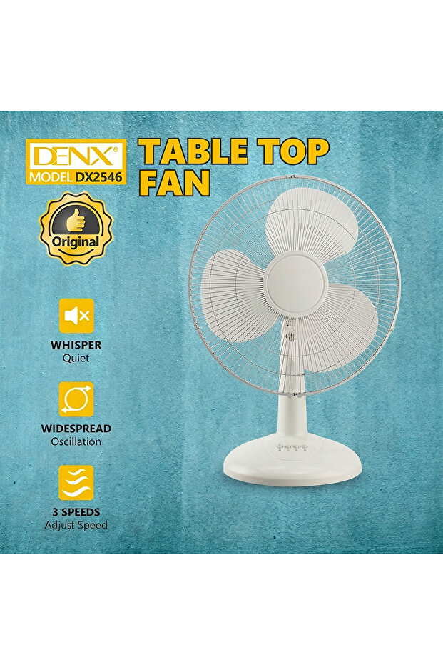 مروحة طاولة DENX DX2546 بيضاء اللون مع 3 سرعات تحكم، هادئة للغاية مع تذبذب واسع النطاق
