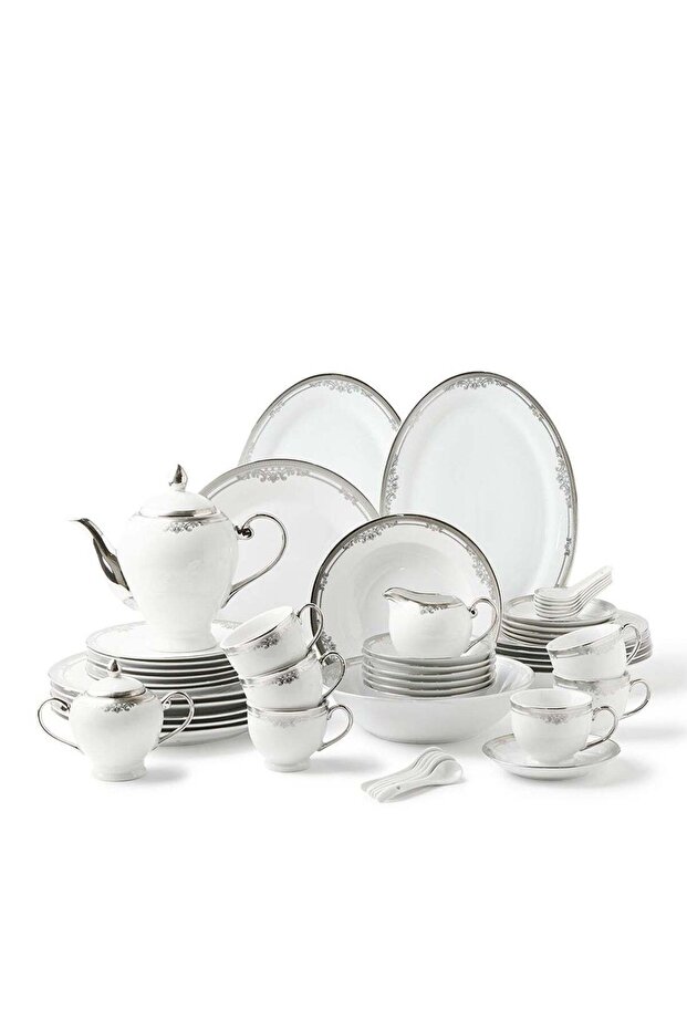 56 Piece Porcelain Dinner Set - Dinner Plate, Side Plate, Bowl, Cups, Serving Dish - Serves 6