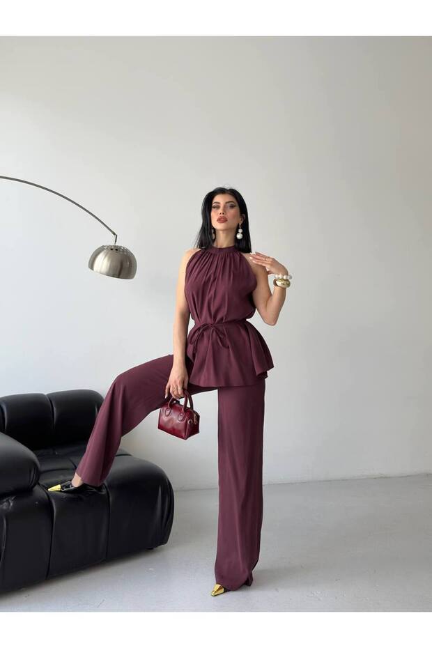 Kadın Hakim Yaka Bağlamalı İkili Takım Bordo - 3
