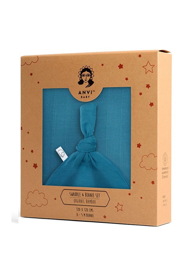 - Organic Bamboo Beanie & Swaddle Set - Azure Sky
