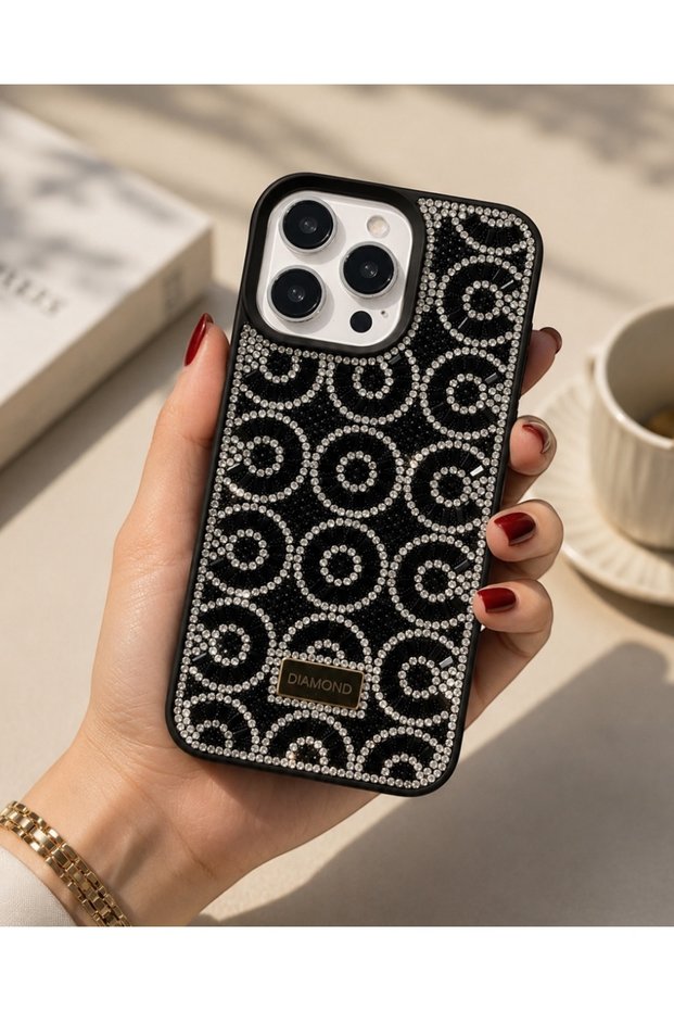 iPhone 15 Pro Max Compatible Geometric Shiny Stone Arrangement Full Crystal Stone Luxury Case