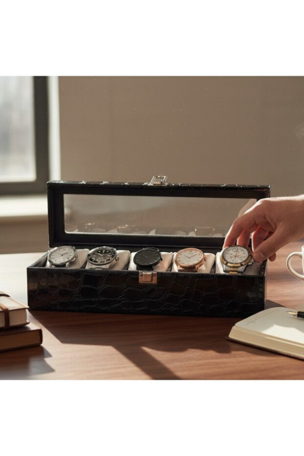 Watch Box 5-Piece Patent Leather Black