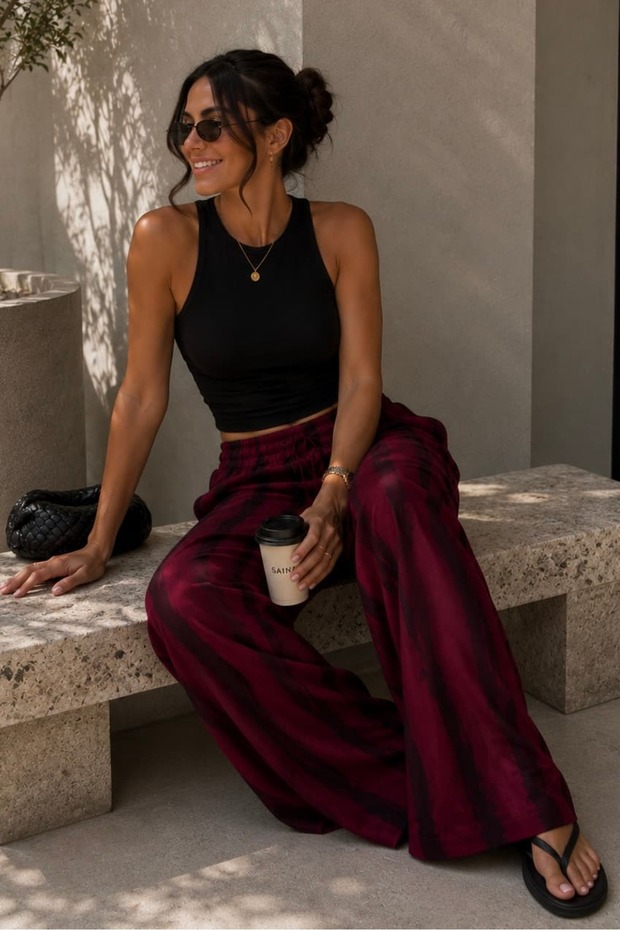Patterned Wide-Leg Viscose Trousers Casual Stylish Women's Trousers My3535