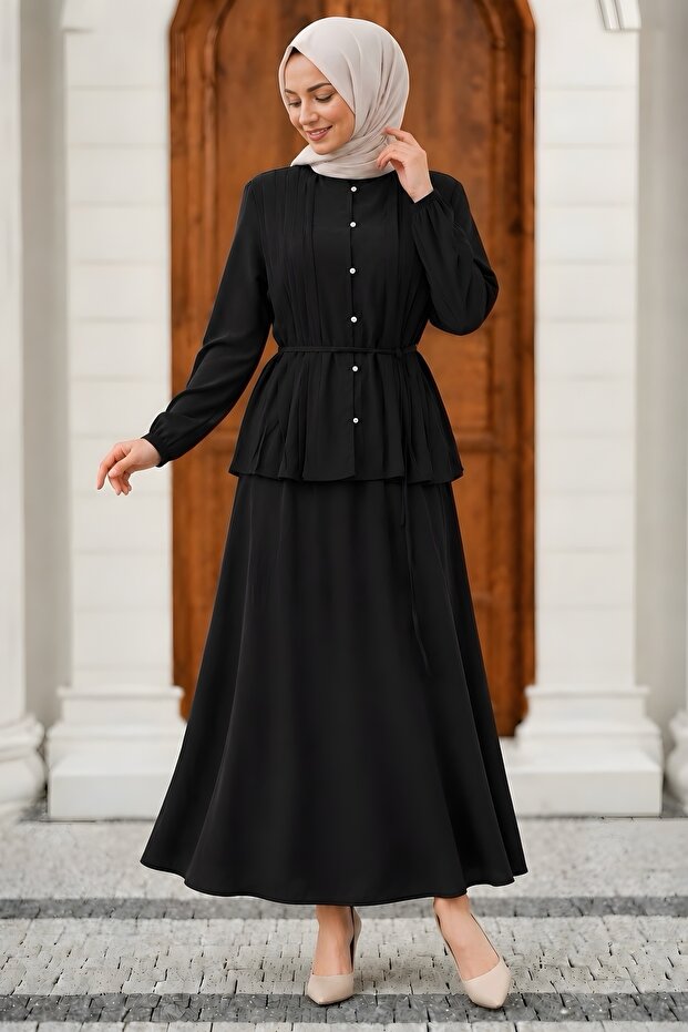 Black Judge Collar Ribbed Modal Woven Skirt Suit