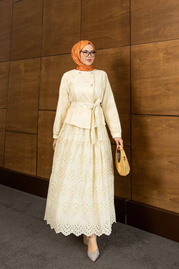 Summer Eyelet Embroidery Modest Set with Stone-Detail Long Skirt