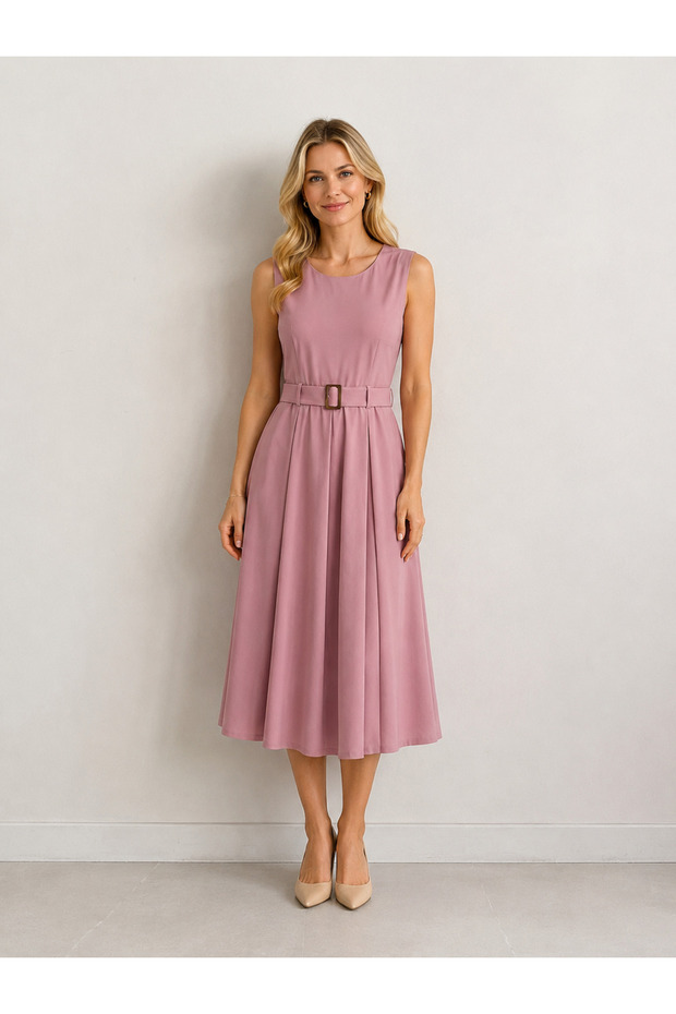 Belted Pleated Detailed Maxi Dress