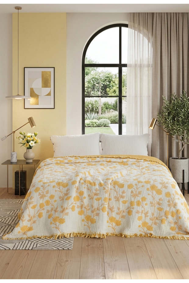 Double-Sided 5-Layer Padded Muslin Bedspread, 220X240 cm – Yellow Floral Patterned Cotton Muslin Pique Coverlet