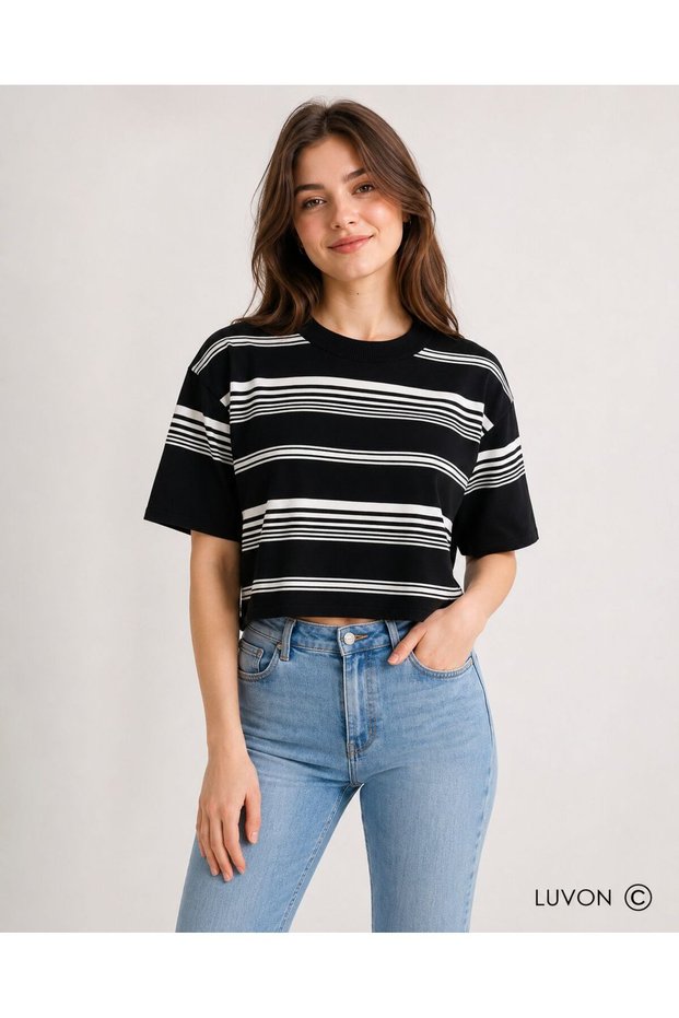 Black Standard Fit Regular Cut Crew Neck Short Sleeve Striped Women's T-Shirt Blouse