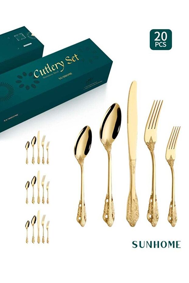 20-Piece Stainless Steel Cutlery Set Kitchen Utensil Western Tableware Gold