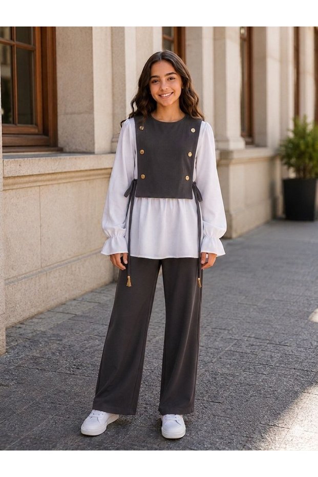 Bayrama Special Girls' 3-Piece Linen Set. Vest, Blouse, Trousers (High Quality and Very Stylish Design)