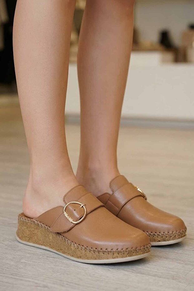 Women's Tan/Black Genuine Leather 5. Pointed Sole Supported Buckle-Strap Casual Slippers & Mules