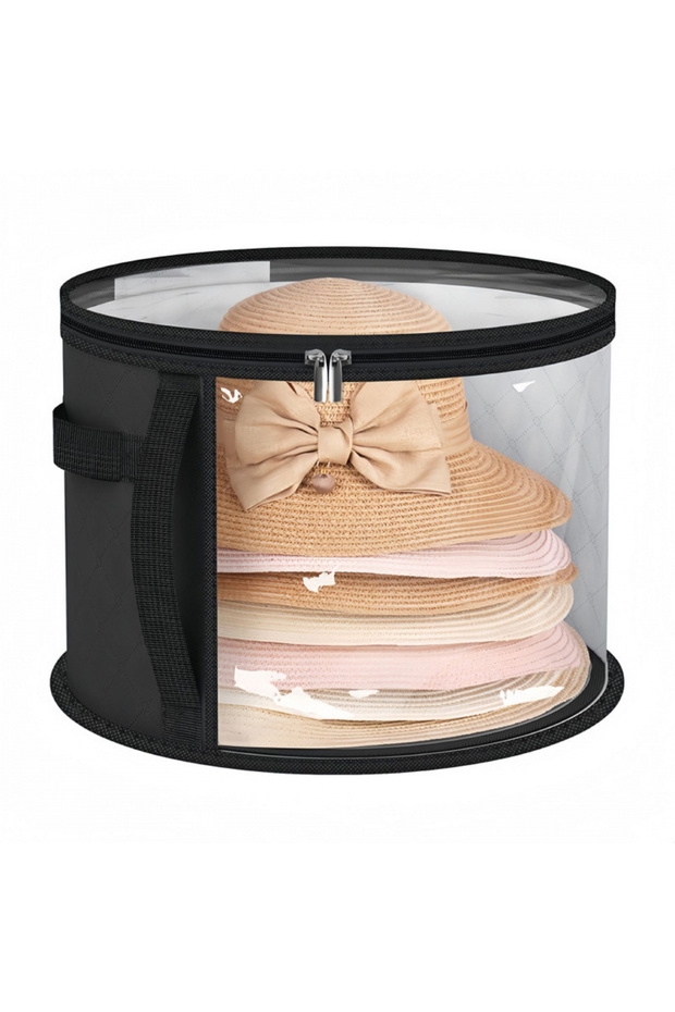 black Dustproof Hat Organizer Bucket, Multi-Purpose Storage Case for Hats, Toys, Clothes with Zipper