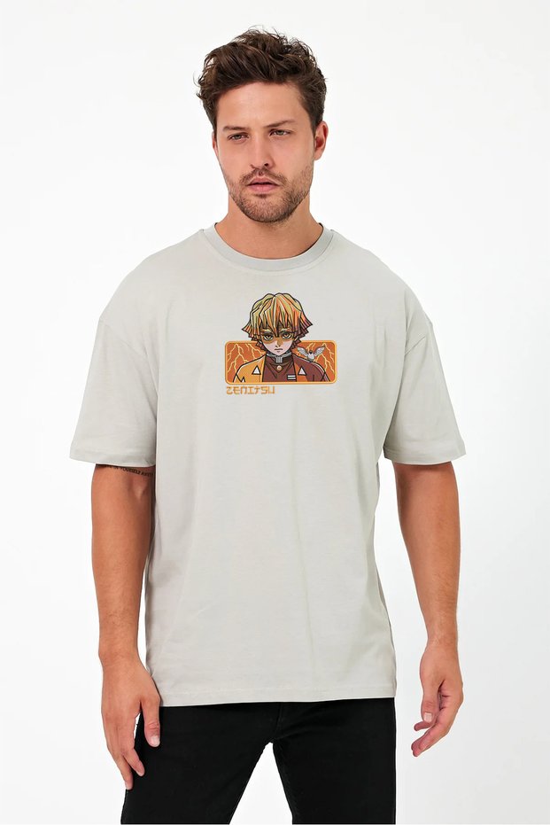 Unisex Oversize Embroidered Demon Slayer Zenitsu Anime Design 100% Cotton T-Shirt