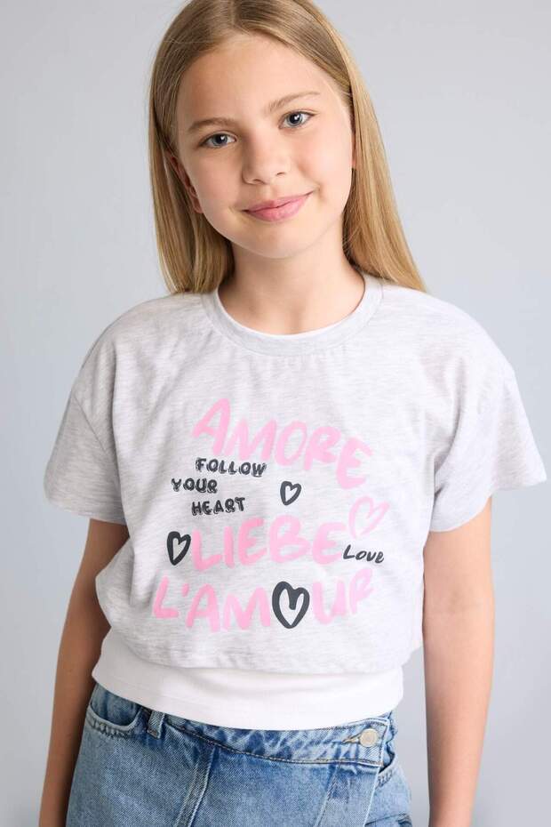 Crew Neck Printed Short Sleeve Gray T-Shirt Girls H7240A826Hs