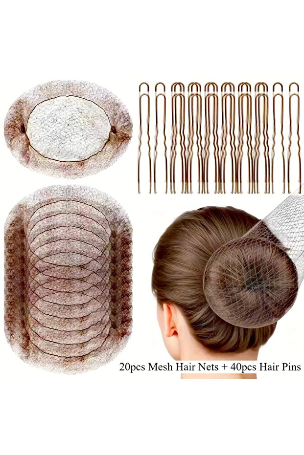Set 2 60pcs/pack Hair Accessories Set: 20PCS Mesh Hair Nets Invisible and 40PCS U Shaped Hair Pins